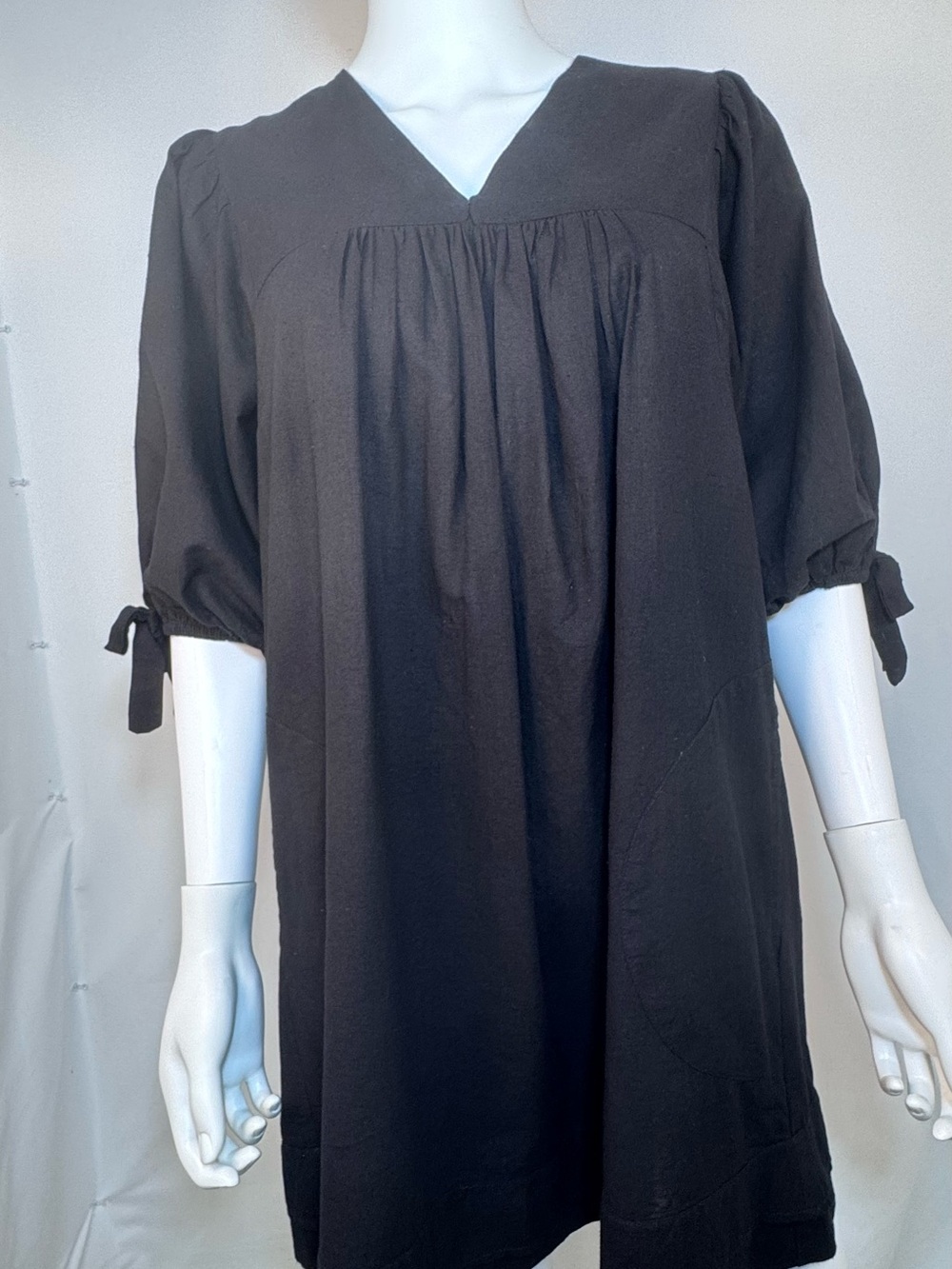 MIRTH Belem Dress Black Cotton Poplin V-Neck Puff Tie Sleeve Mini XS